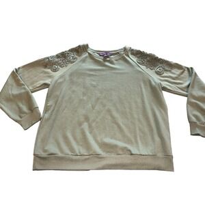 Gloria Vanderbilt Sweatshirt Women's Large Lace Applique Cottagecore Sage Green
